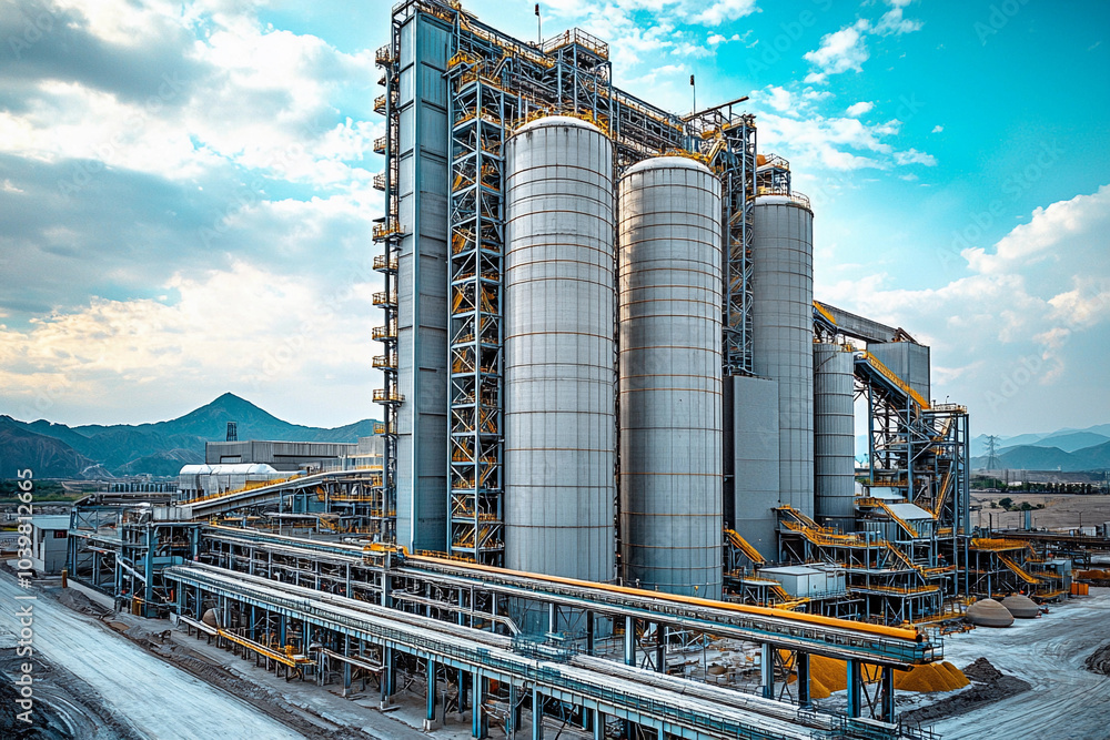 Obraz premium Large industrial cement plant during daylight under a cloudy sky