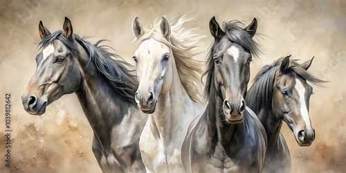 Wallpaper Mural Black and White Horse Portraits in Watercolor Style on Beige Background - Elegant Candid Photography of Majestic Equines Capturing Their Beauty and Grace Torontodigital.ca