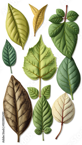 Collection of leaves found in (1825-1890) New and Rare Beautiful-Leaved Plants. Digitally enhanced from our own 1929 edition of the publication illustration isolated with white highlights, png