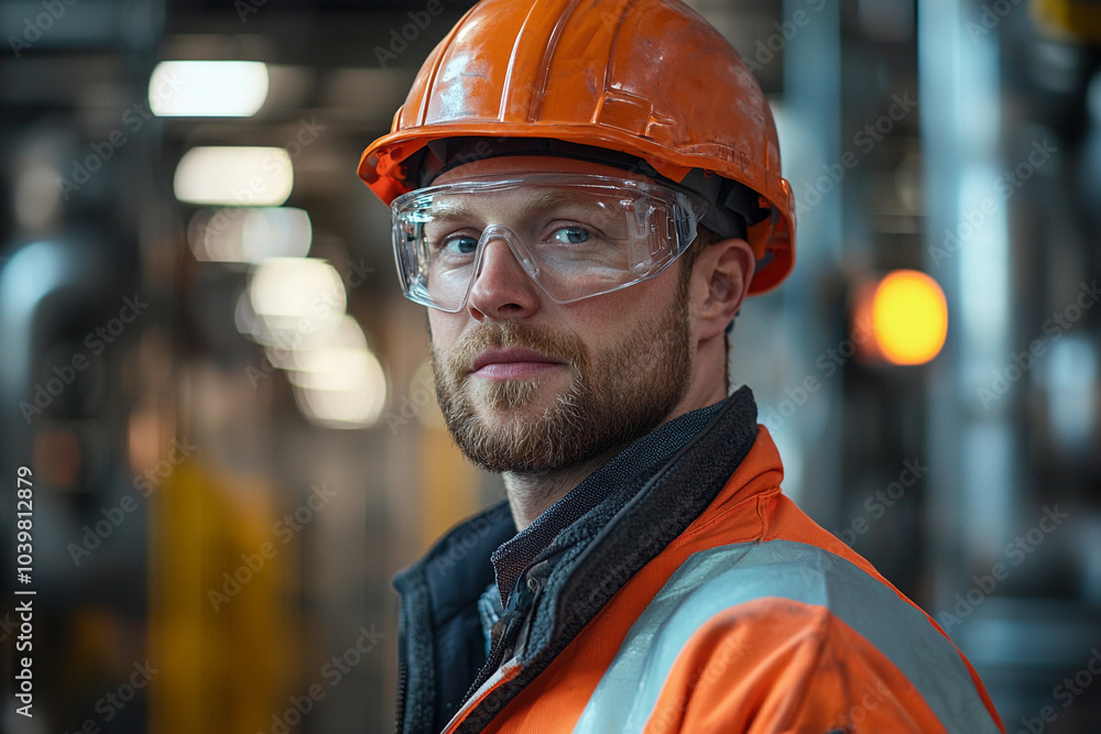 Worker in safety gear focuses on tasks in industrial environment Worker in safety gear focuses on tasks in industrial environment