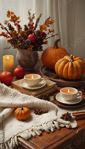 Cozy Autumn Decor with Pumpkins and Tea, Perfect for Thanksgiving Celebration