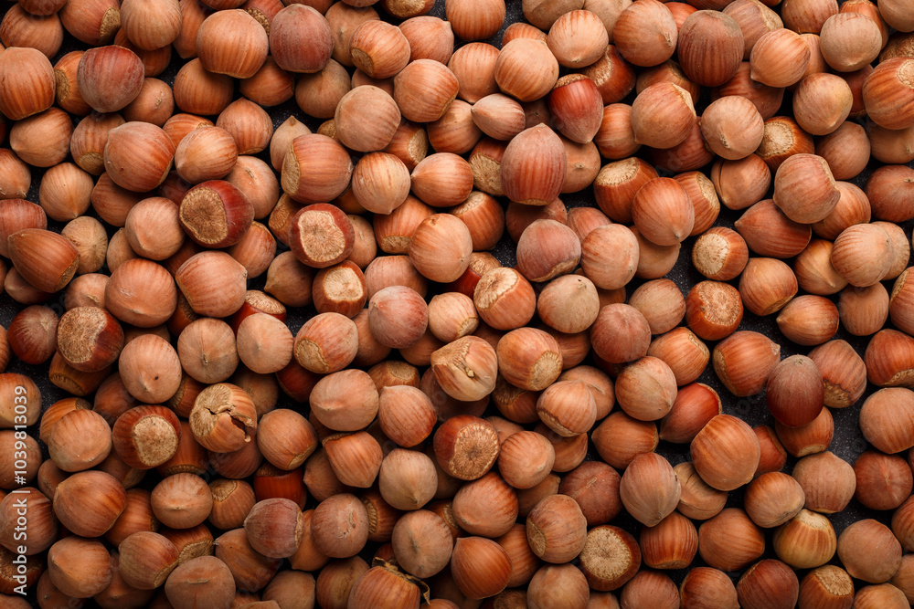 © elenaseiryk - many raw hazelnuts in shells, making total background, natural food texture, pattern. Top view
