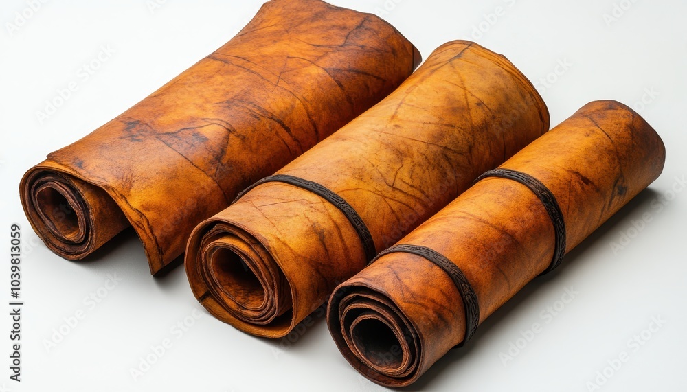 Different sizes of rolled leather hides arranged artistically on a white surface Different sizes of rolled leather hides arranged artistically on a white surface