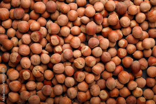 many raw hazelnuts in shells, making total background, natural food texture, pattern. Top view
