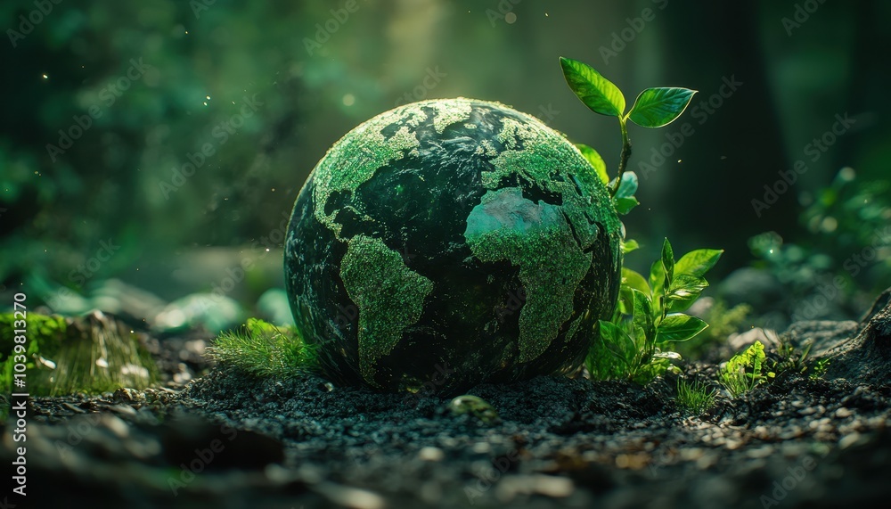 A green globe surrounded by lush plants in a serene forest setting A green globe surrounded by lush plants in a serene forest setting