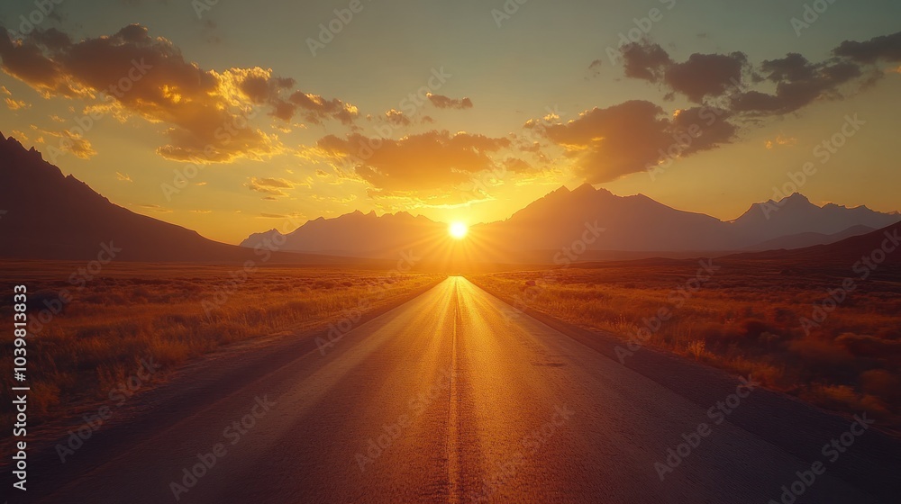 Fototapeta premium A peaceful mountain highway at dusk, with the sun setting behind the peaks and clouds casting soft shadows, creating a picturesque and calming scene.