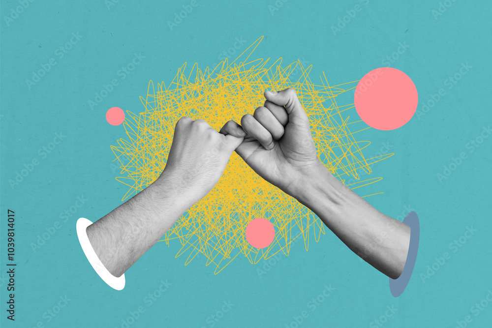 Obraz premium Composite trend artwork 3D sketch image photo collage of hole monochrome hands appear show gesture friendship unity support pinky together