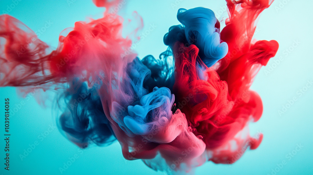Obraz premium Colorful ink swirls blend together in a dynamic display of vibrant red and blue hues in water