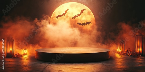 A Halloween-themed podium surrounded by glowing candles, bats, and mist