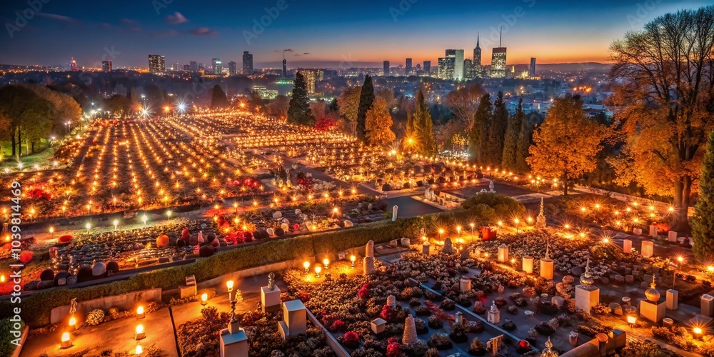Fototapeta premium All Saints' Day in Warsaw: Aerial Night View of Illuminated Cemetery, Celebrating Day of the Dead in Poland