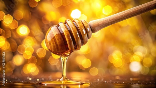 Close Up of Honey Stick Dripping Natural Sweet Liquid on Wooden Dipper Spoon Isolated Background, Macro Photography of Organic Honey and Bee Products, Golden Syrup, Healthy Sweetener