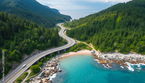 Aerial drone footage capturing a scenic coastal highway winding through lush forests along a tranquil shoreline isolated with white highlights, png