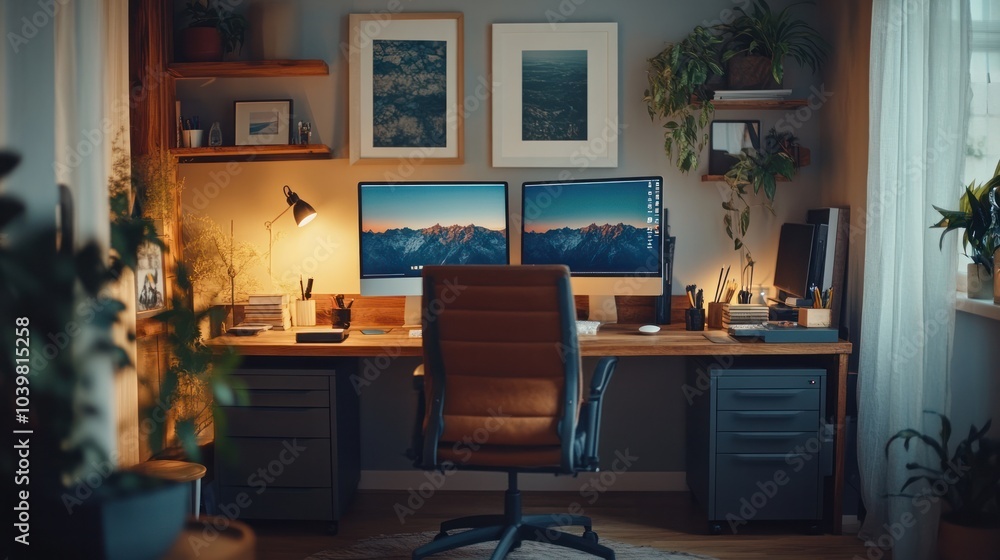 Fototapeta premium A creative workspace with a dual monitor setup, ergonomic chair, and motivational posters, illustrating an inspiring home office for remote professionals.