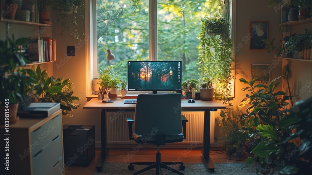A cozy home office with a standing desk, ergonomic chair, and houseplants, blending comfort and professionalism for an ideal remote work environment. A cozy home office with a standing desk, ergonomic chair, and houseplants, blending comfort and professionalism for an ideal remote work environment.