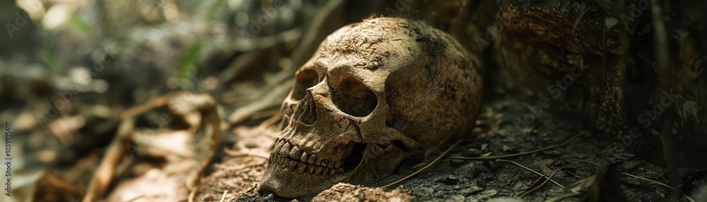 Ancient skeletal remains covered in layers of dust and sediment, discovered in a forgotten temple deep within the jungle Ancient skeletal remains covered in layers of dust and sediment, discovered in a forgotten temple deep within the jungle