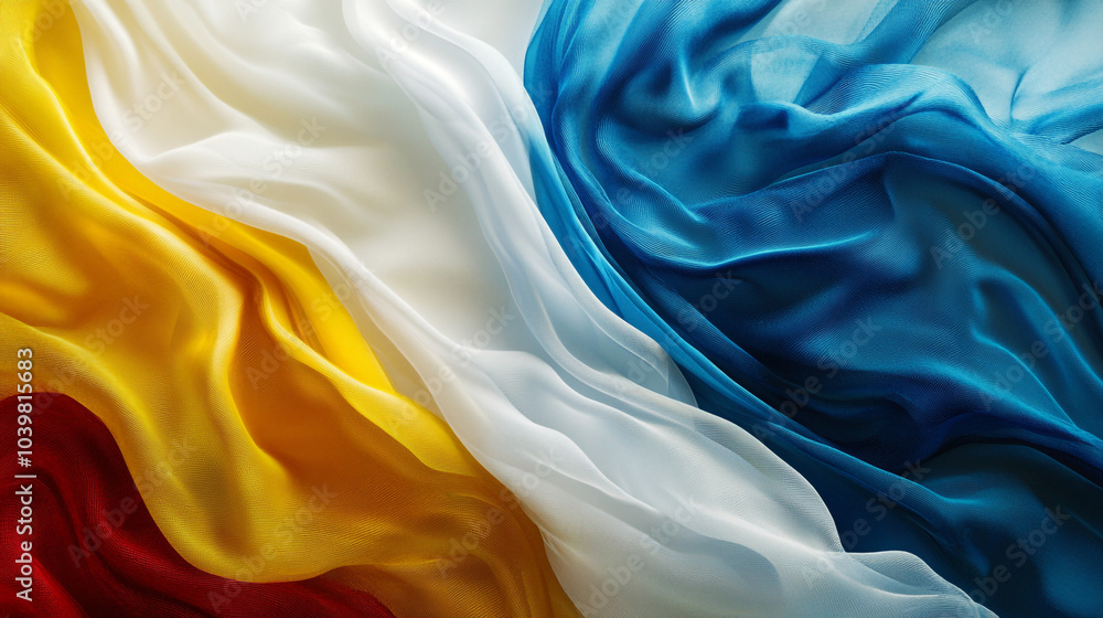 Vibrant flowing fabric in red, yellow, white, and blue, symbolizing unity and diversity in design Vibrant flowing fabric in red, yellow, white, and blue, symbolizing unity and diversity in design