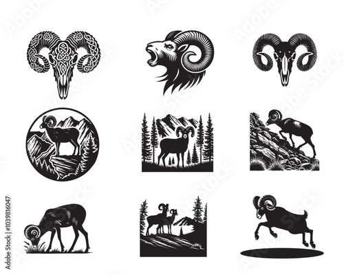 Collection of Bighorn Sheep Silhouette ClipArt Design - Bighorn Sheep Vector illustration