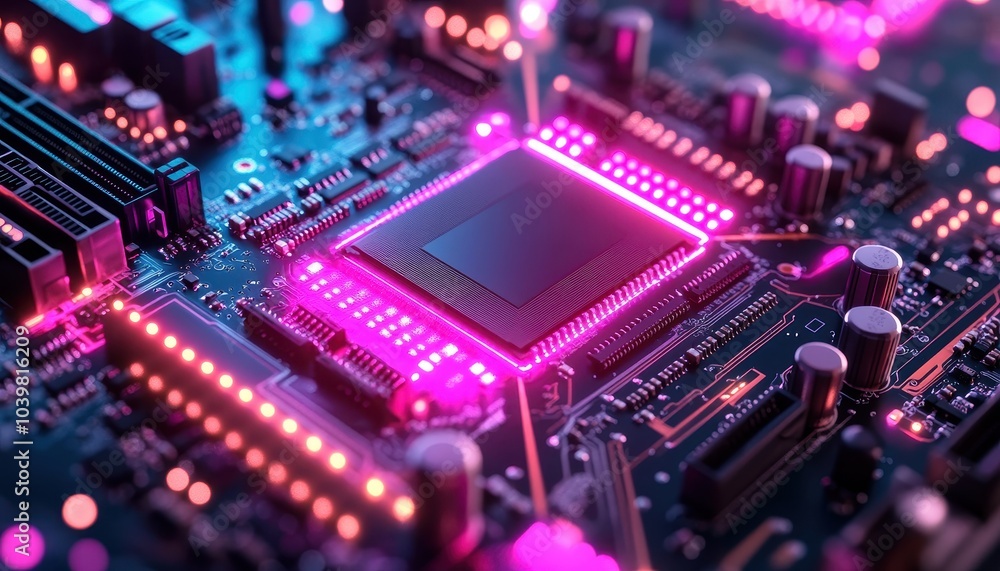 Vibrant close-up of a computer motherboard with glowing components and neon lights Vibrant close-up of a computer motherboard with glowing components and neon lights