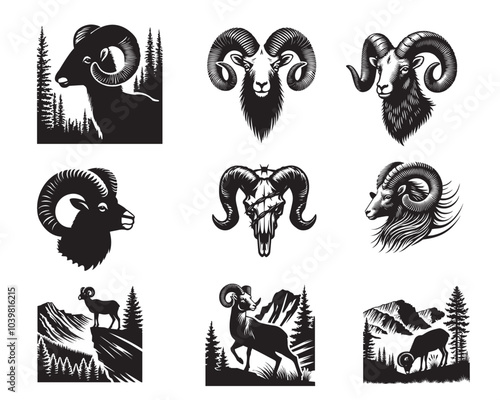 Collection of Bighorn Sheep Silhouette ClipArt Design - Bighorn Sheep Vector illustration