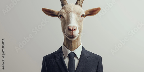 Goat as business man wearing office dress and tie in a light background created with AI technology