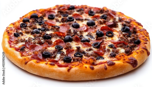 Delicious pepperoni and sausage pizza topped with black olives on a white background