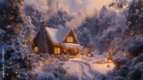 cozy cabin in snowy woods with smoke rising from chimney, surrounded by twinkling lights and snow covered trees, creating warm and inviting winter scene.