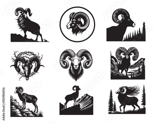 Collection of Bighorn Sheep Silhouette ClipArt Design - Bighorn Sheep Vector illustration