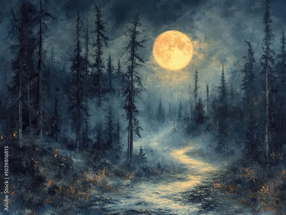 enigmatic forest shrouded in mist, featuring a moonlit path that beckons exploration, evoking a haunting halloween atmosphere with elements of mystery and enchantment enigmatic forest shrouded in mist, featuring a moonlit path that beckons exploration, evoking a haunting halloween atmosphere with elements of mystery and enchantment