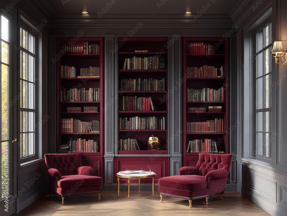 Design an elegant library featuring soft gray walls and maroon accents Design an elegant library featuring soft gray walls and maroon accents