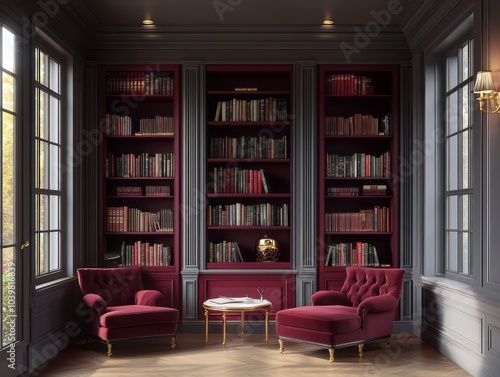 Design an elegant library featuring soft gray walls and maroon accents