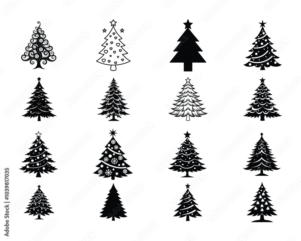 Obraz premium Collection of Christmas Tree ClipArt Design - Christmas Tree Vector illustration in black and white