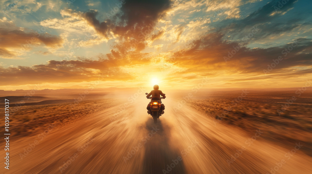 motorcycle rides through dusty road under vibrant sunset sky, creating dramatic and adventurous scene. warm colors of sunset enhance sense of freedom and excitement. motorcycle rides through dusty road under vibrant sunset sky, creating dramatic and adventurous scene. warm colors of sunset enhance sense of freedom and excitement.