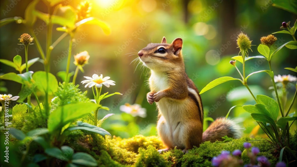 Fototapeta premium Curious Chipmunk Stands Up to Explore Its Surroundings, Capturing Nature's Charm and Intrigue in a Whimsical Scene of Wildlife Discovery and Playfulness