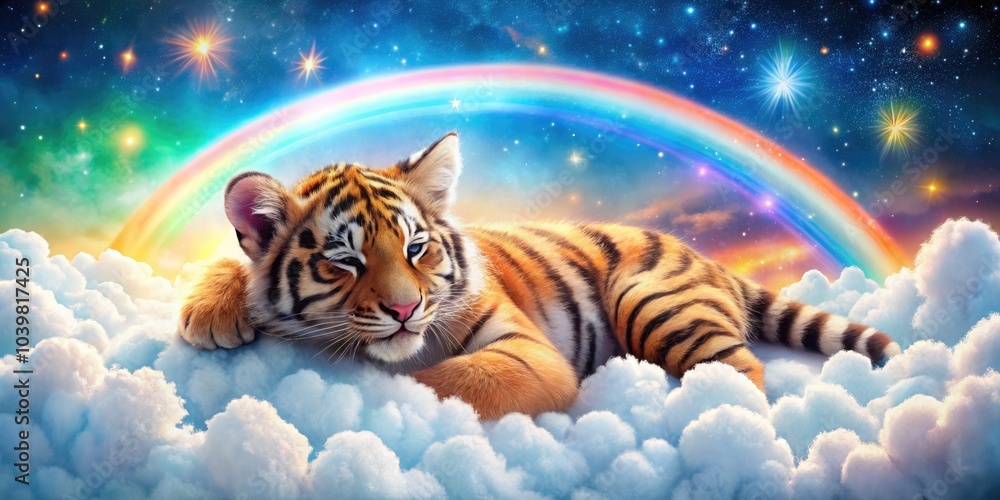 Fototapeta premium Cute Tiger Cub Sleeping on Rainbow in Cloud with Stars - Perfect for Children's Decor, Fabric Prints, and Playful Posters