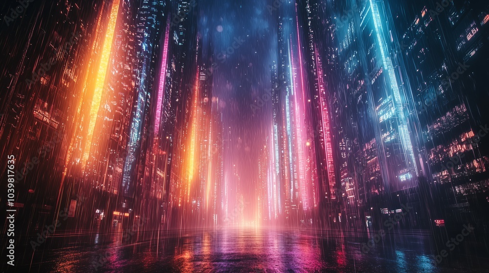 Fototapeta premium Colorful Vertical Light Streaks in Rainy Cityscape