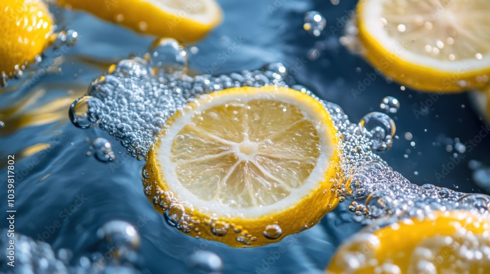 lemon slices floating in water, with bubbles rising around them lemon slices floating in water, with bubbles rising around them