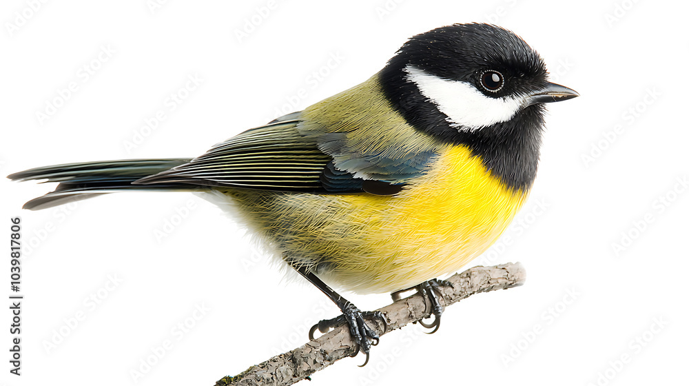 Fototapeta premium A beautiful yellow bird with black markings on its feathers perched on a natural tree branch isolated on a white background