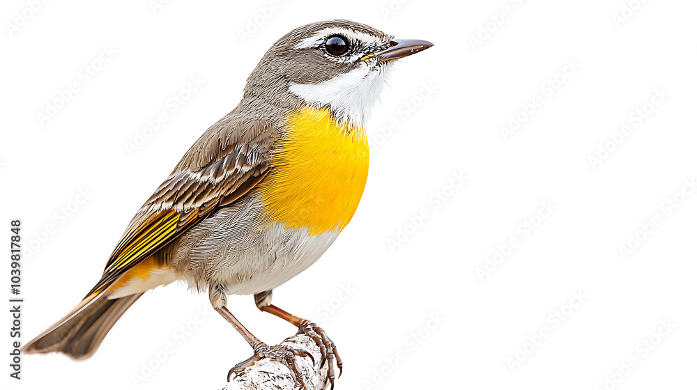 A beautiful yellow bird with black markings on its feathers perched on a natural tree branch isolated on a white background A beautiful yellow bird with black markings on its feathers perched on a natural tree branch isolated on a white background