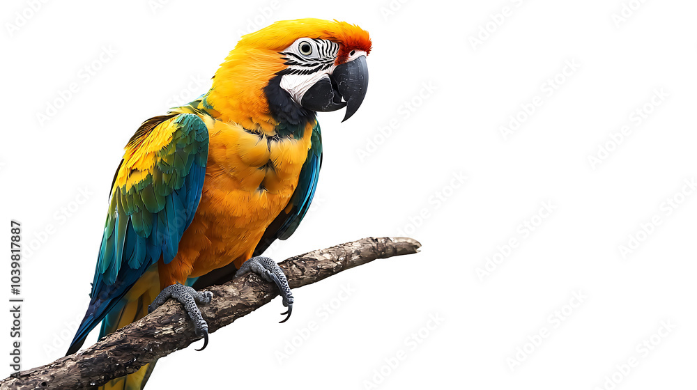 A beautiful yellow bird with black markings on its feathers perched on a natural tree branch isolated on a white background A beautiful yellow bird with black markings on its feathers perched on a natural tree branch isolated on a white background