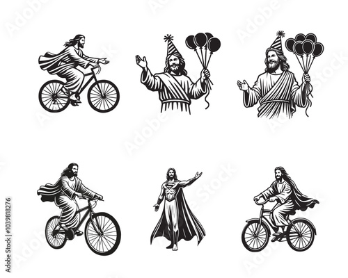Set of Funny Jesus Christ Design - Jesus various activities Vector illustration in black and white
