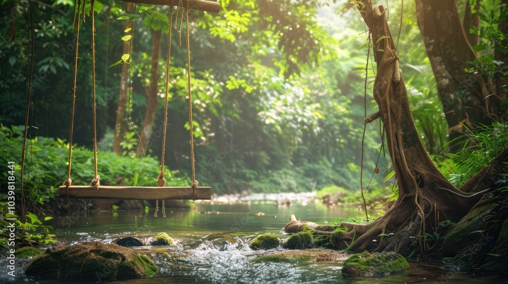 Fototapeta premium swing over the river in a shady and cool tree