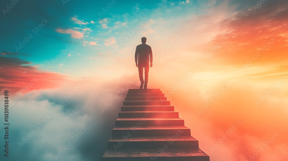 custom made wallpaper toronto digitalA man walks towards the light at the top of a staircase that leads into a colorful sky above clouds.