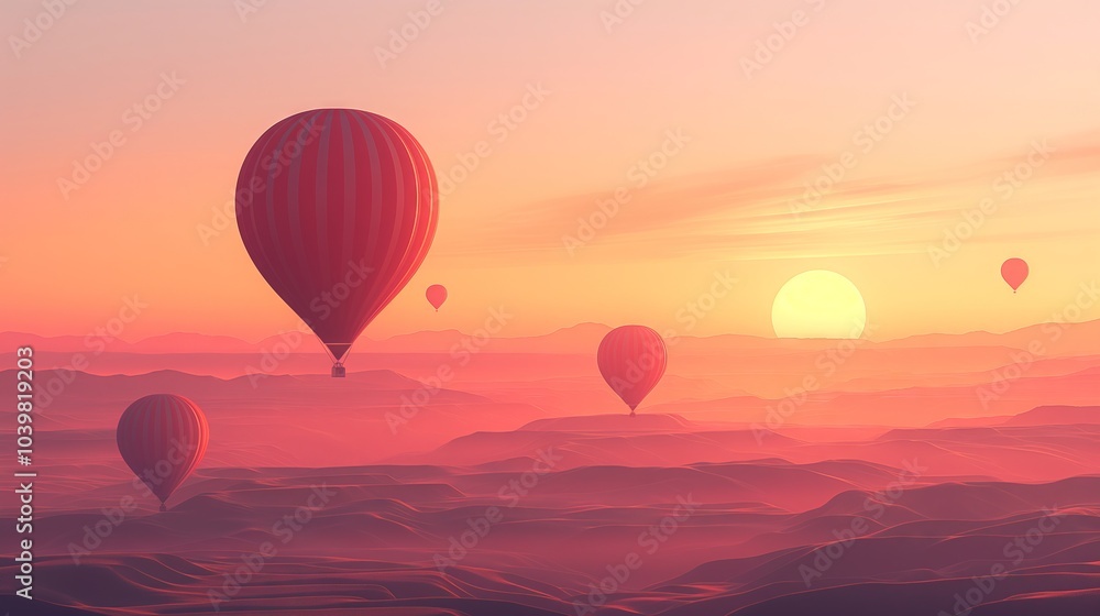 Naklejka premium Romantic adventure hot air balloon ride at sunset