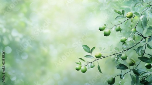 lime tree branch with small, bright green limes and glossy leaves against a soft, blurred background