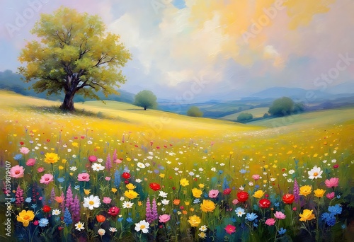 Sun shining through clouds over field of wildflowers painting
