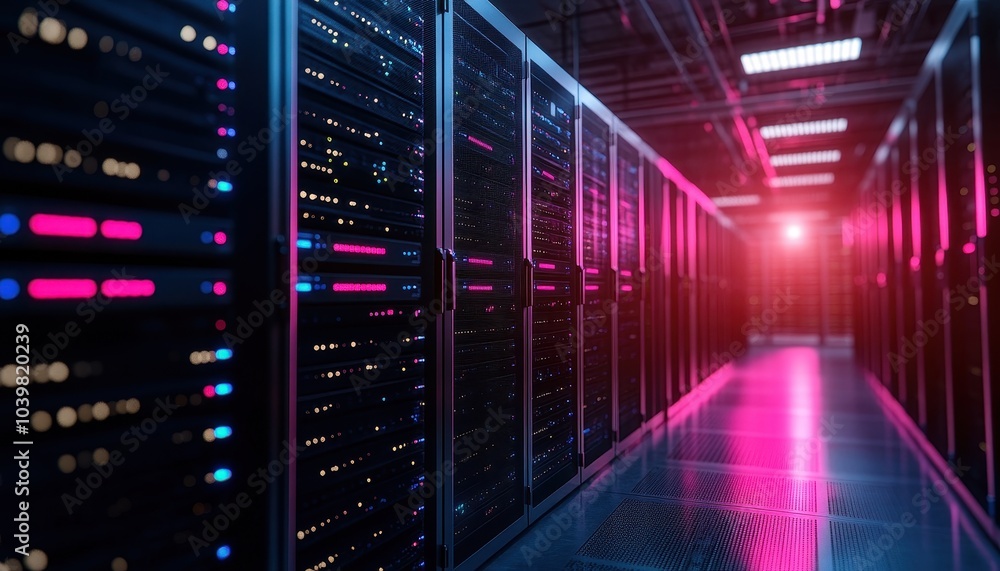 Vibrant data center corridor illuminated with purple and pink lights at night Vibrant data center corridor illuminated with purple and pink lights at night