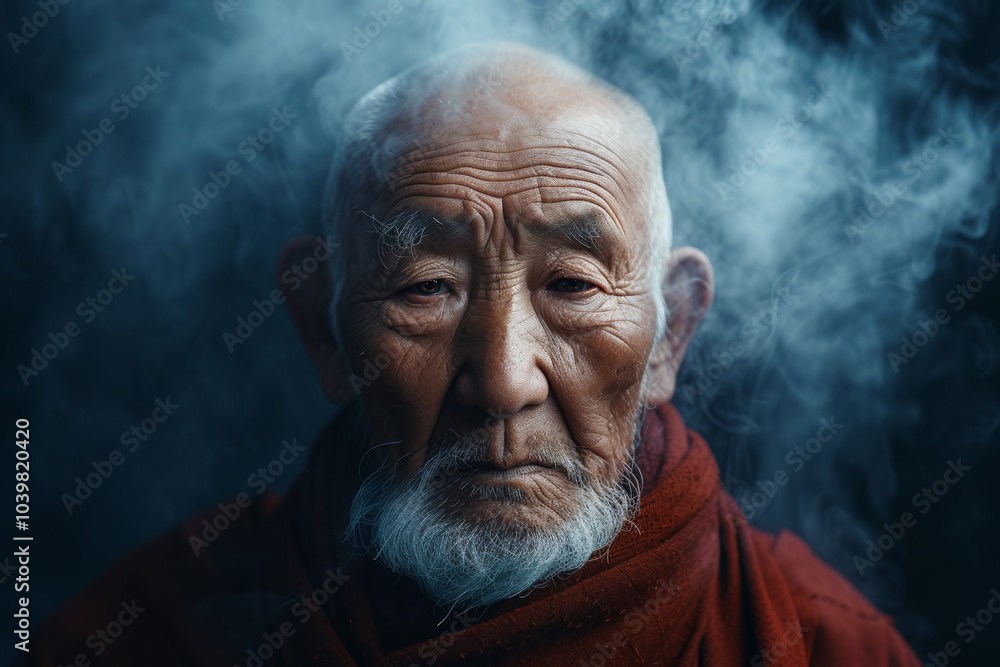 Serene portrait of elderly monk enveloped in mystical smoke, highlighting wisdom and tranquility through expressive eyes and traditional robe Serene portrait of elderly monk enveloped in mystical smoke, highlighting wisdom and tranquility through expressive eyes and traditional robe