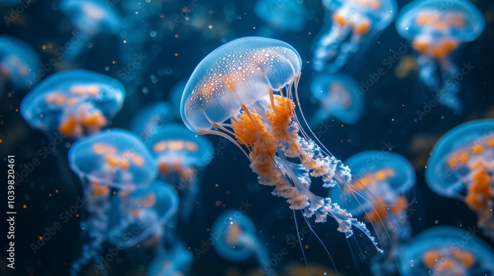 Naklejka premium Lot of bioluminescent jellyfish floating gracefully in ocean, illuminating water with their vibrant colors, jellyfish showcasing mesmerizing beauty of marine life