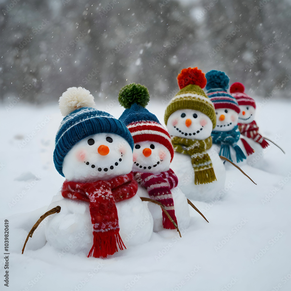 Fototapeta premium A charming group of small snowmen forms a mini snowman army