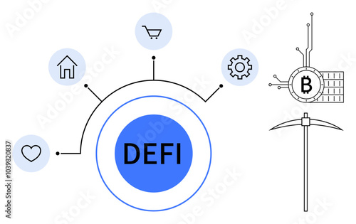 Modern graphic with DeFi at the center, connected to icons of home, shopping, gear, and heart. Includes Bitcoin mining symbol with pickaxe. Ideal for blockchain, cryptocurrency, finance, technology